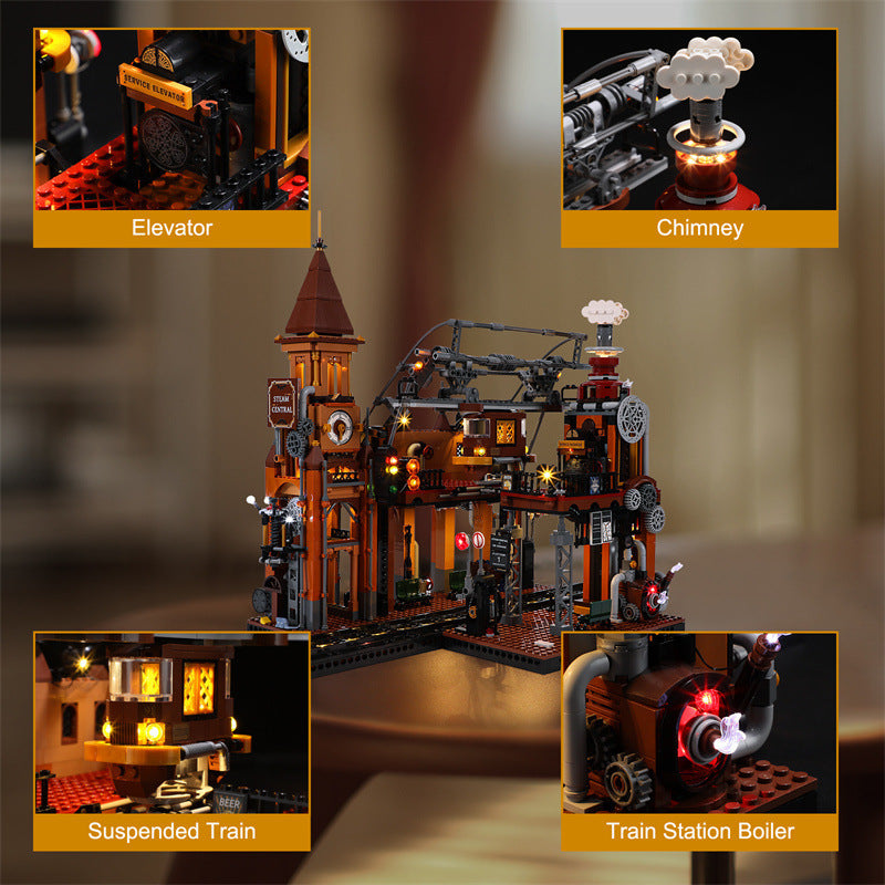 IN SEASON: Limited Time Steampunk Train Station Building Blocks Light Puzzle Model Toys