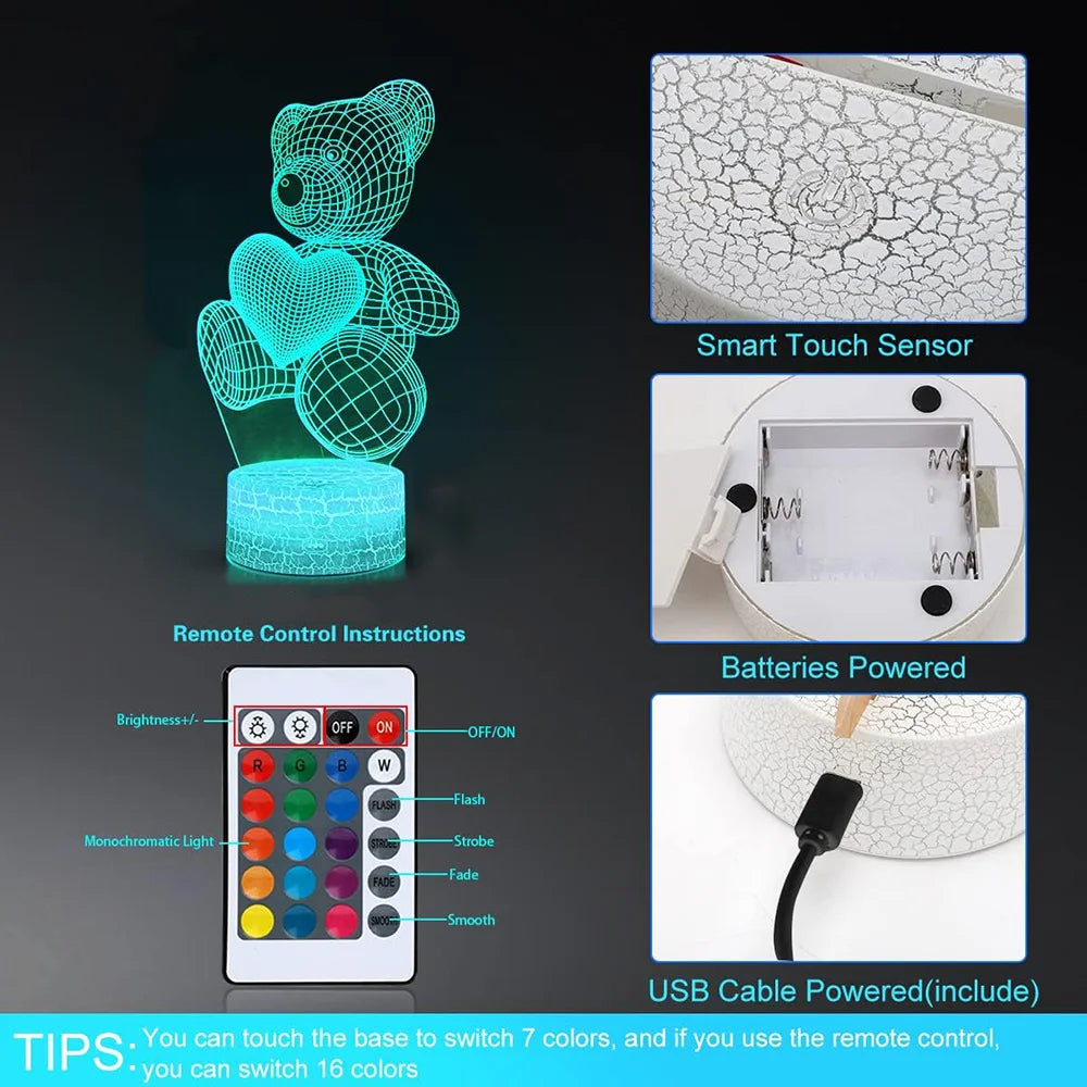 3D Lamp Acrylic USB LED Bear Night Light