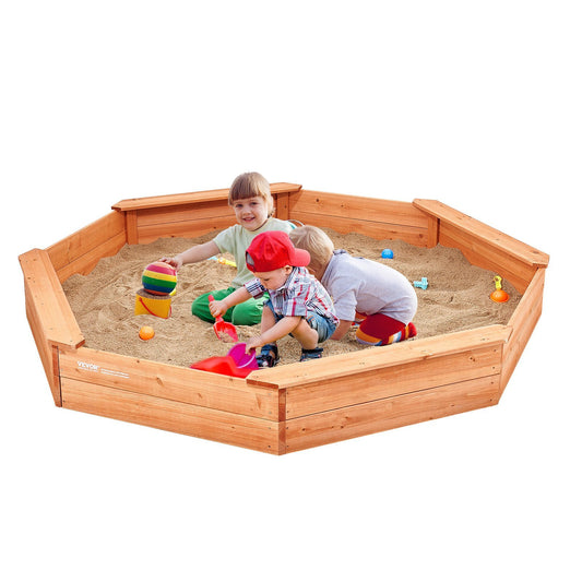 Wooden Sandbox With Cover, 75.6 X 75.6 X 9.1 In Octagonal Sand Box, Sand Pit With 4 Seating And Bottom Liner, Kids Sandbox For Outdoor Backyard, Beach, Park, Gift For Boys Girls Ages 3-12